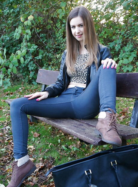 Stunning brittish teen Stella Cox in jeans bares big tits and pussy outside